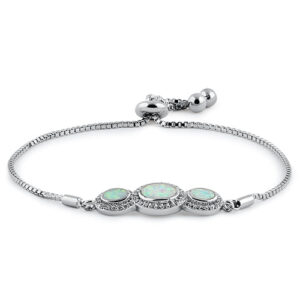 sterling silver adjustable triple oval white lab opal & clear cz box chain bracelet