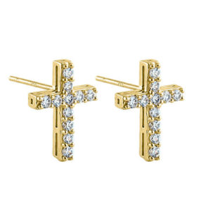 solid 14k yellow gold cross cz earrings