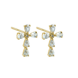 solid 14k yellow gold drop cz cross earrings