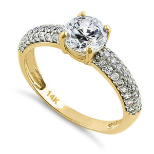 solid 14k yellow gold noble round clear cz engagement ring