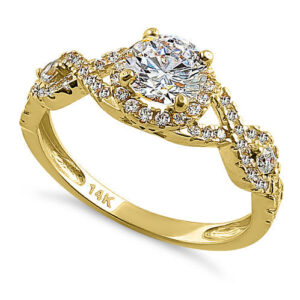 solid 14k yellow gold regal twist halo round cz engagement ring