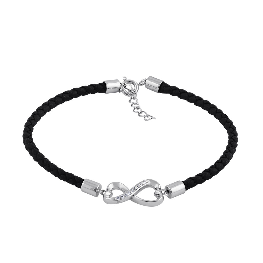 sterling silver black leather infinity cz bracelet sterling silver black leather infinity cz bracelet