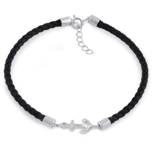 sterling silver black leather anchor bracelet