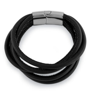 stainless steel layered black leather bracelet