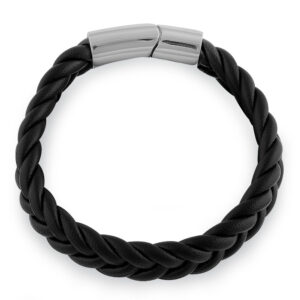 stainless steel black leather twist bracelet