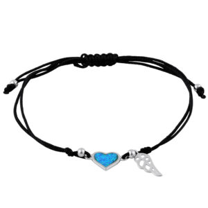 sterling silver winged blue lab opal heart adjustable silk bracelet