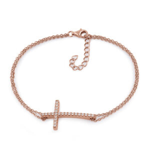 sterling silver rose gold plated clear cz cross bracelet