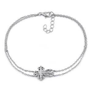 sterling silver vintage floral cross double chain bracelet