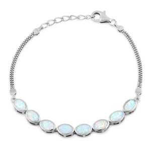 sterling silver white lab opal 7.0mm x 4.5mm marquise with box chain bracelet