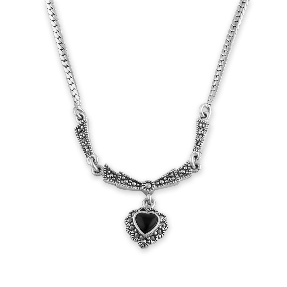 sterling silver victorian black onyx heart halo marcasite necklace sterling silver victorian black onyx heart halo marcasite necklace