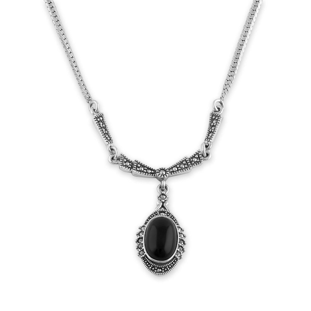 sterling silver victorian black onyx oval halo marcasite necklace sterling silver victorian black onyx oval halo marcasite necklace