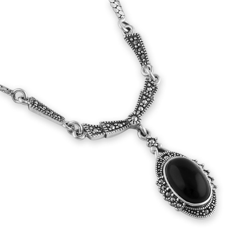 sterling silver victorian black onyx oval halo marcasite necklace sterling silver victorian black onyx oval halo marcasite necklace