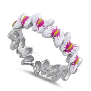 sterling silver hand painted paradise pink & white butterfly enamel ring