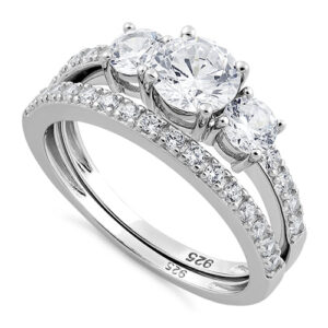 sterling silver clear engagement set ring