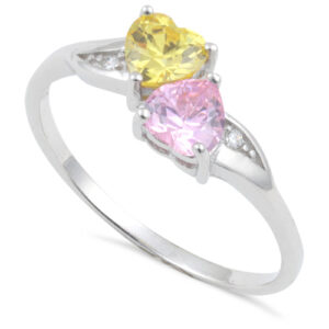sterling silver double heart pink & golden cz ring