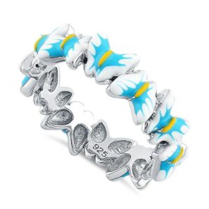 sterling silver hand painted paradise blue & white butterfly enamel ring