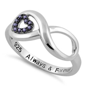 sterling silver infinity amethyst heart "always & forever" engraved cz ring
