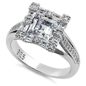 sterling silver modern asscher cut clear cz engagement ring