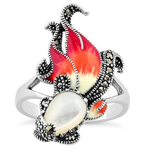 sterling silver mother of pearl enamel ghost fish marcasite ring sterling silver mother of pearl enamel ghost fish marcasite ring