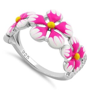 sterling silver hand painted paradise pink & white plumeria enamel ring