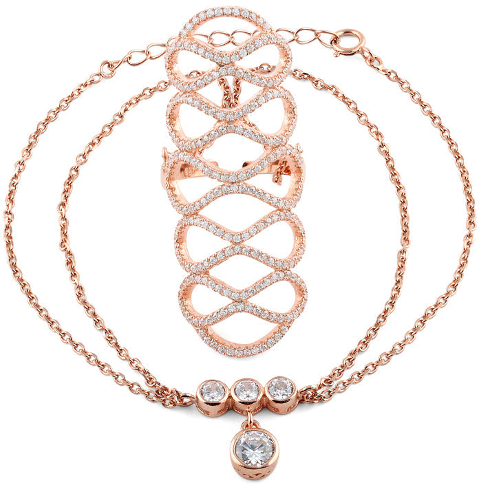 sterling silver rose gold figure 8 extravagant cz chain ring bracelet sterling silver rose gold figure 8 extravagant cz chain ring bracelet