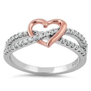 sterling silver rose gold two tone heart cz ring