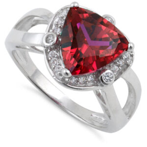 sterling silver ruby trillion cut halo cz ring