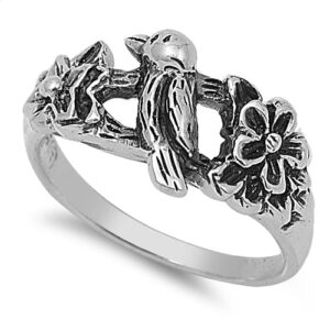 sterling silver sweet bird & blossom on a branch ring