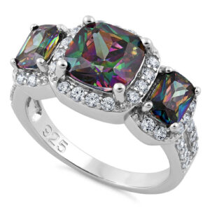 sterling silver three stone halo rainbow cz ring