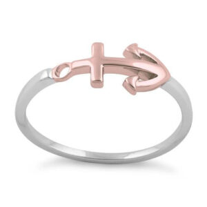 sterling silver two tone rose gold plated anchor ring